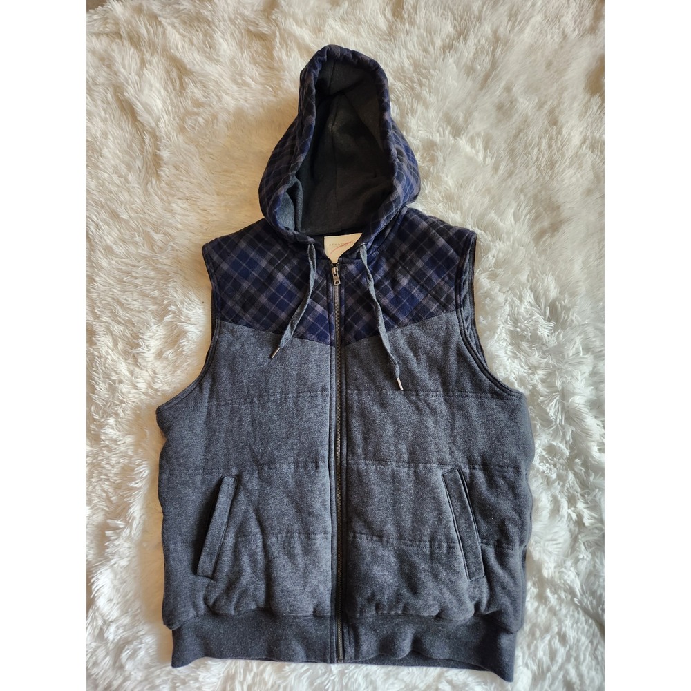 Aeropostale Mens XL Gray Plaid Hooded Puffer Vest Full Zip Quilted Sleeveless
